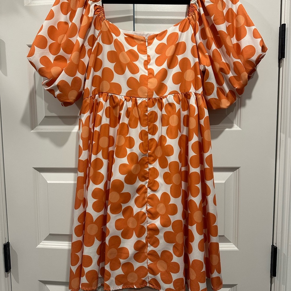 Orange Floral Puff Sleeve Dress